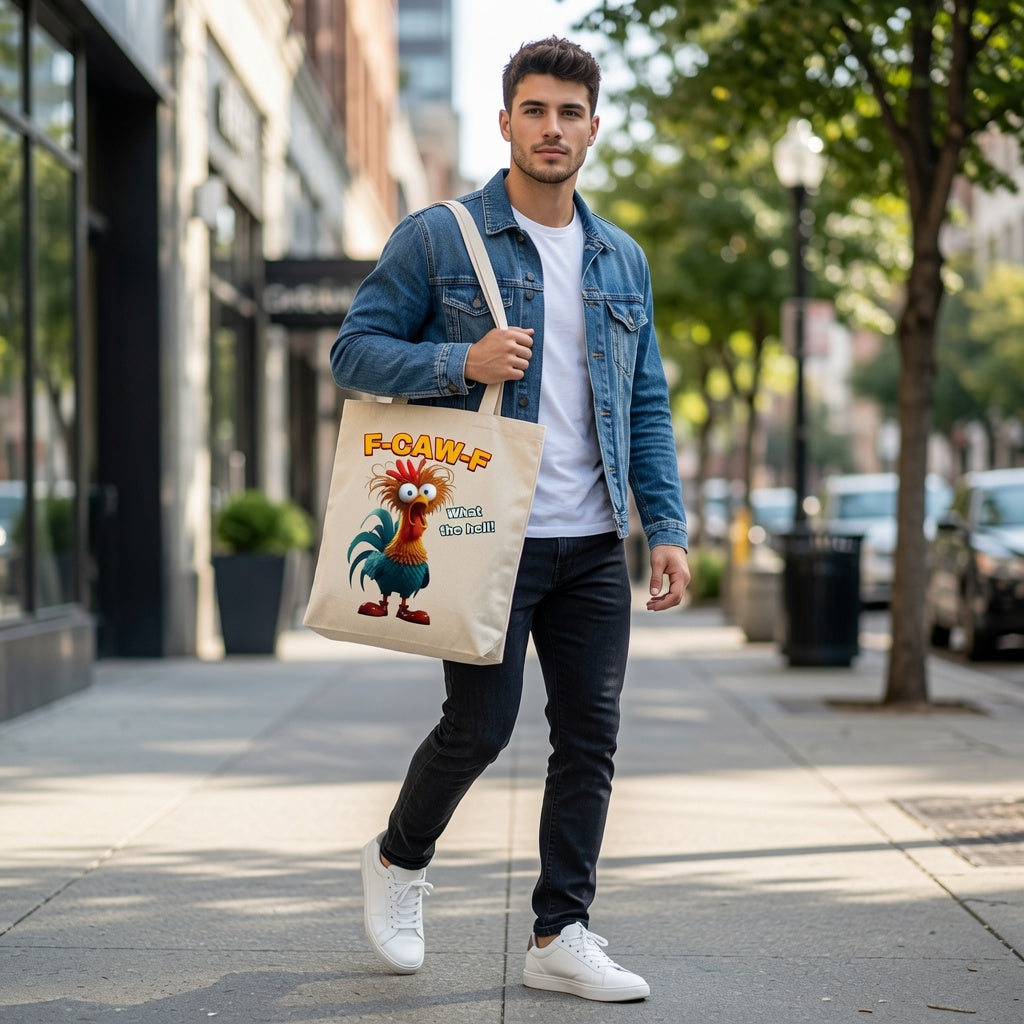 Crazy Rooster "F-CAW-F What The Hell!" Funny Canvas Tote Bag