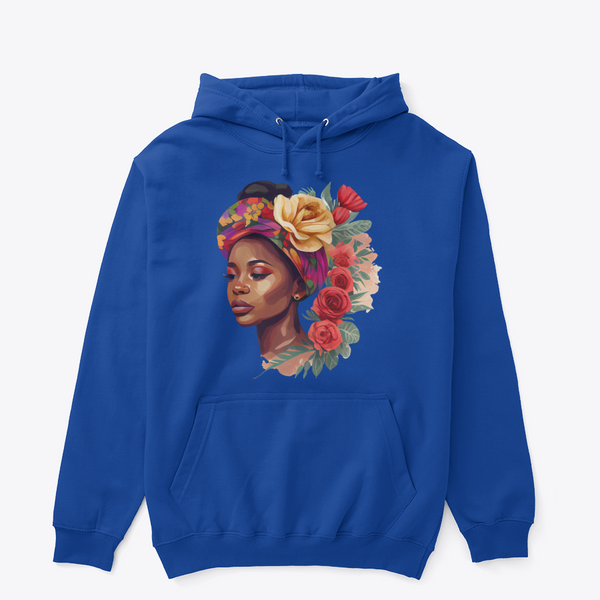 Floral Queen Graphic Hoodie – Illustrated Portrait Premium Black Pullover