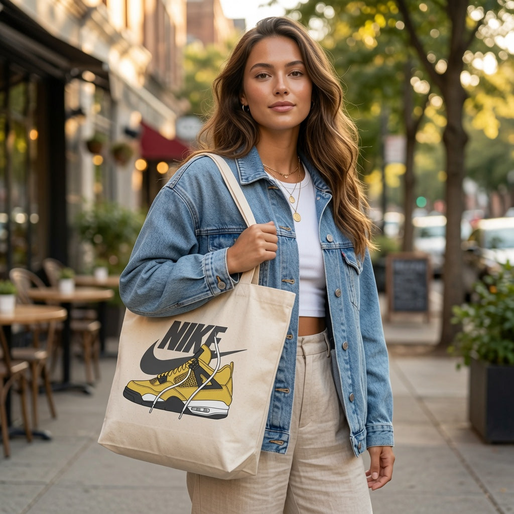 Retro Yellow Sneaker Graphic Canvas Tote Bag - Classic Streetwear Graphic Shoulder Bag