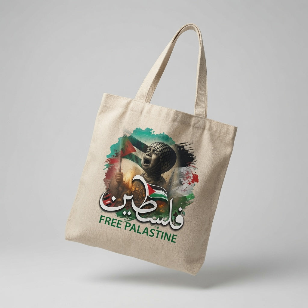 Free Palestine Canvas Tote Bag – Arabic Calligraphy & Flag Heritage Tote