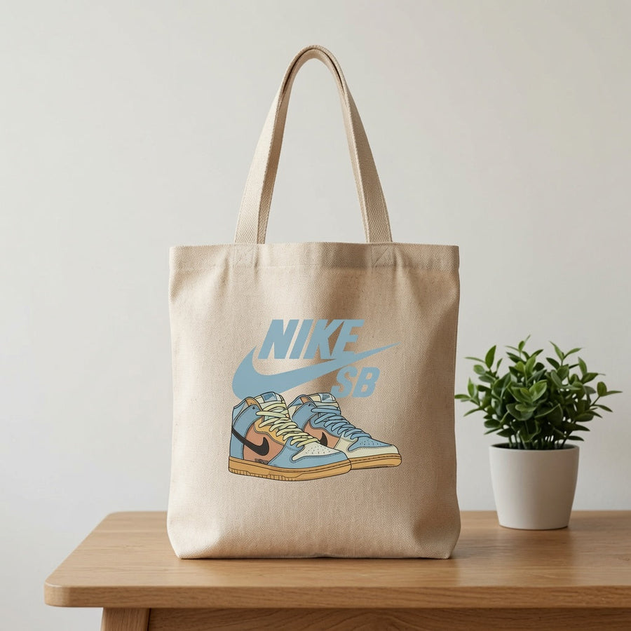 Retro Skate High-Top Graphic Canvas Tote Bag - Soft Pastel Blue Streetwear Shoulder Bag