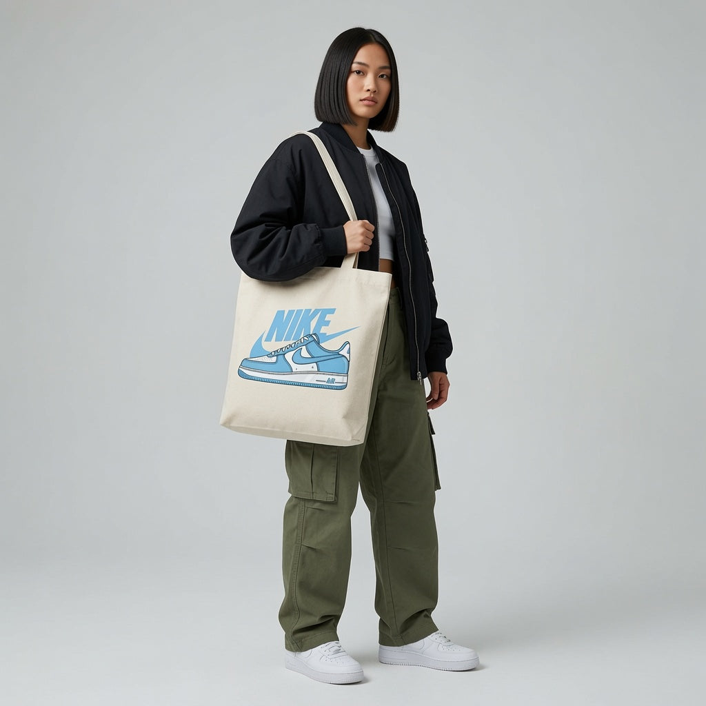 Classic Light Blue Sneaker Graphic Canvas Tote Bag | Retro Sneakerhead Cotton Tote