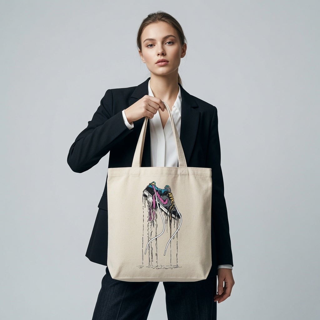 Melting Drip Sneaker Graphic Canvas Tote Bag - Abstract Streetwear Pop Art Shoulder Bag