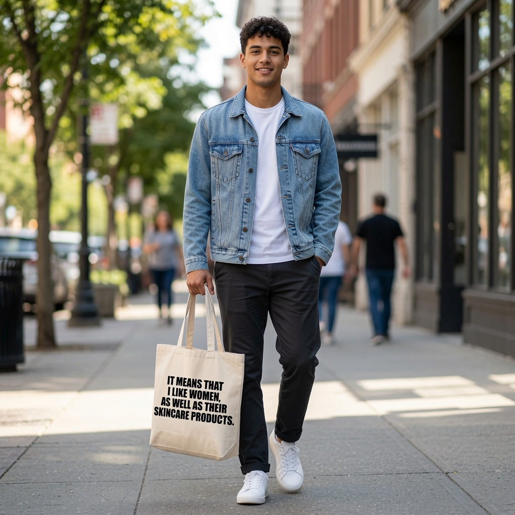 Funny Skincare Quote Canvas Tote Bag - "I Like Women As Well As Their Skincare"