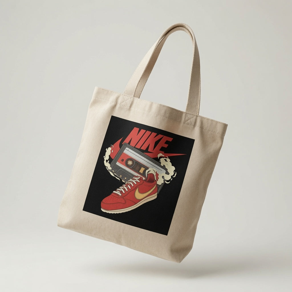 Retro Cassette Tape & Red Sneaker Graphic Canvas Tote Bag - Vintage Streetwear Shoulder Bag