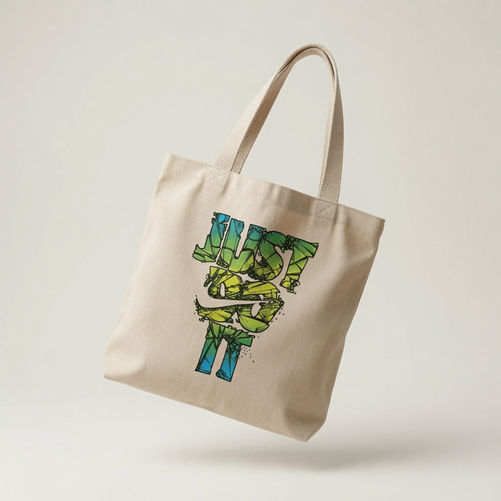 Shattered Glass Just Do It Typography Canvas Tote Bag - Green & Blue Mosaic Streetwear Shoulder Bag