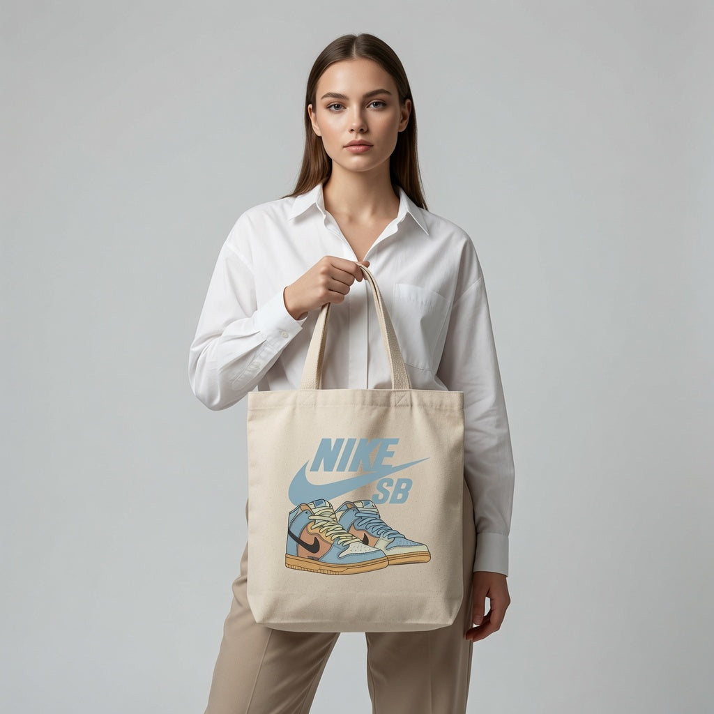 Retro Skate High-Top Graphic Canvas Tote Bag - Soft Pastel Blue Streetwear Shoulder Bag