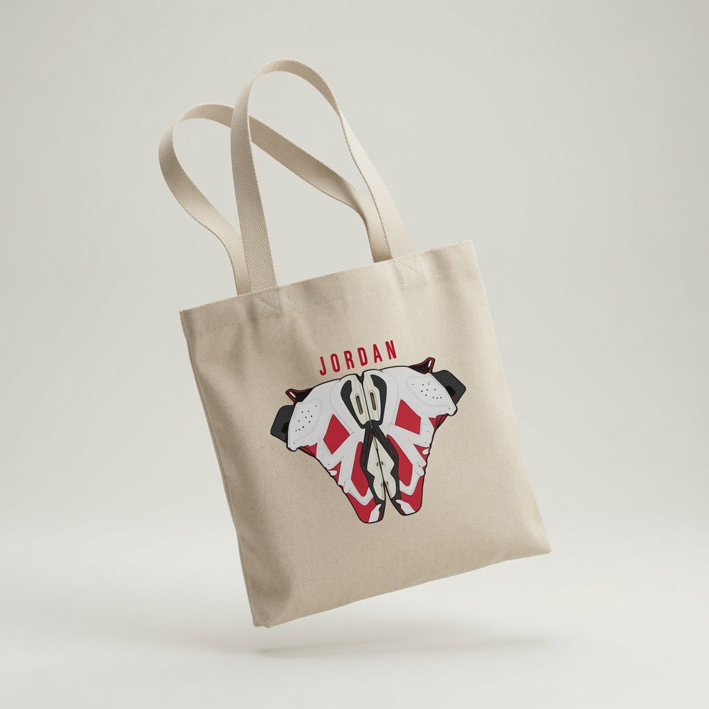 Symmetrical Retro Red & White Sneaker Pair "JORDAN" Cotton Canvas Tote Bag