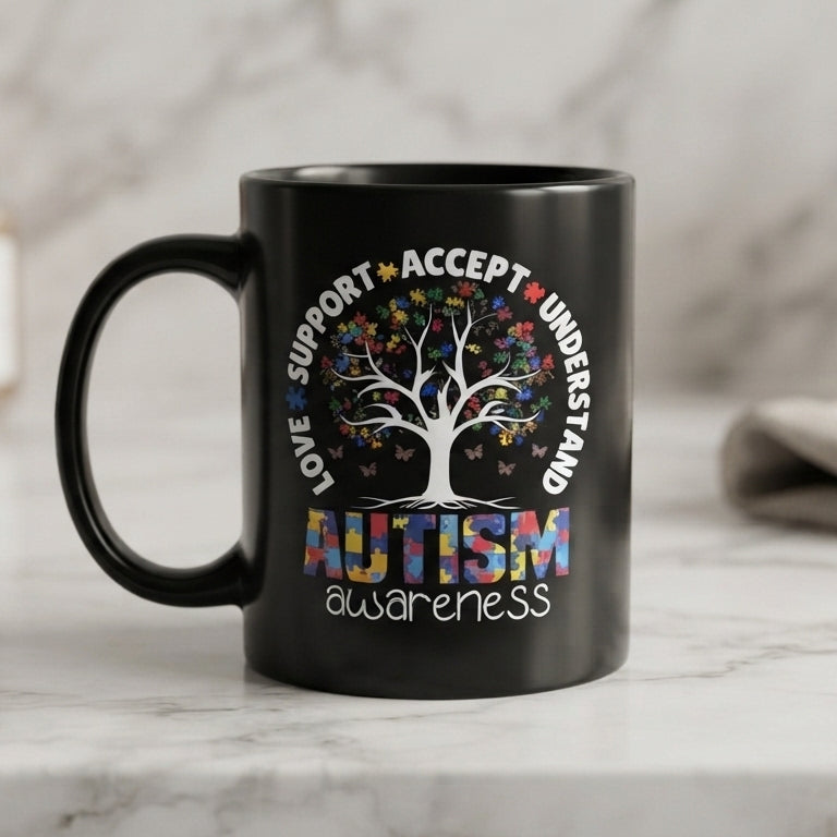 Autism Awareness Tree Graphic Ceramic Cup – Love Support Accept Understand Black Drinkware