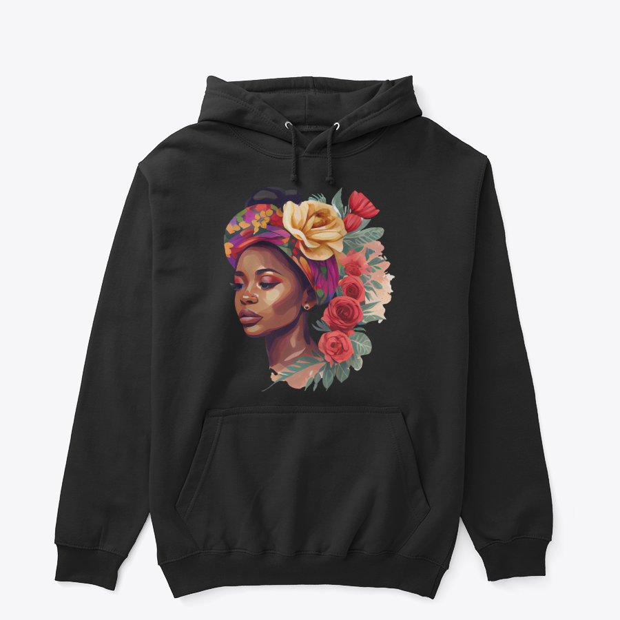 Floral Queen Graphic Hoodie – Illustrated Portrait Premium Black Pullover