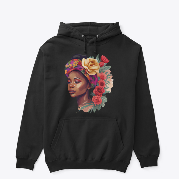 Floral Queen Graphic Hoodie – Illustrated Portrait Premium Black Pullover