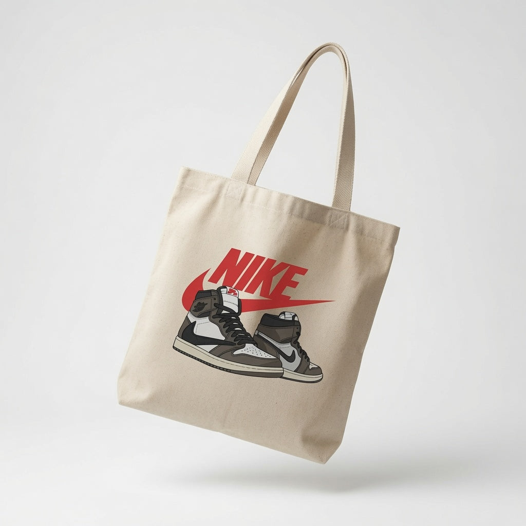Mocha Reverse Swoosh High-Top Graphic Canvas Tote Bag - Classic Streetwear Canvas Shoulder Bag