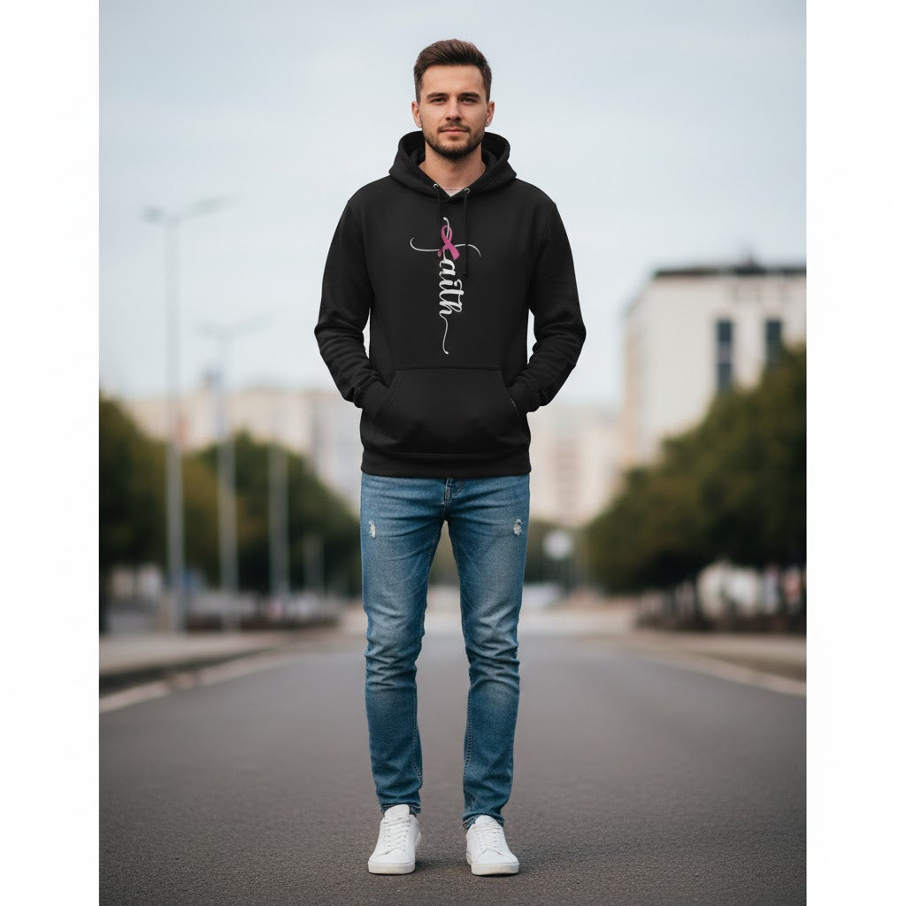 Breast Cancer Awareness Hoodie – Pink Ribbon Graphic Black Pullover