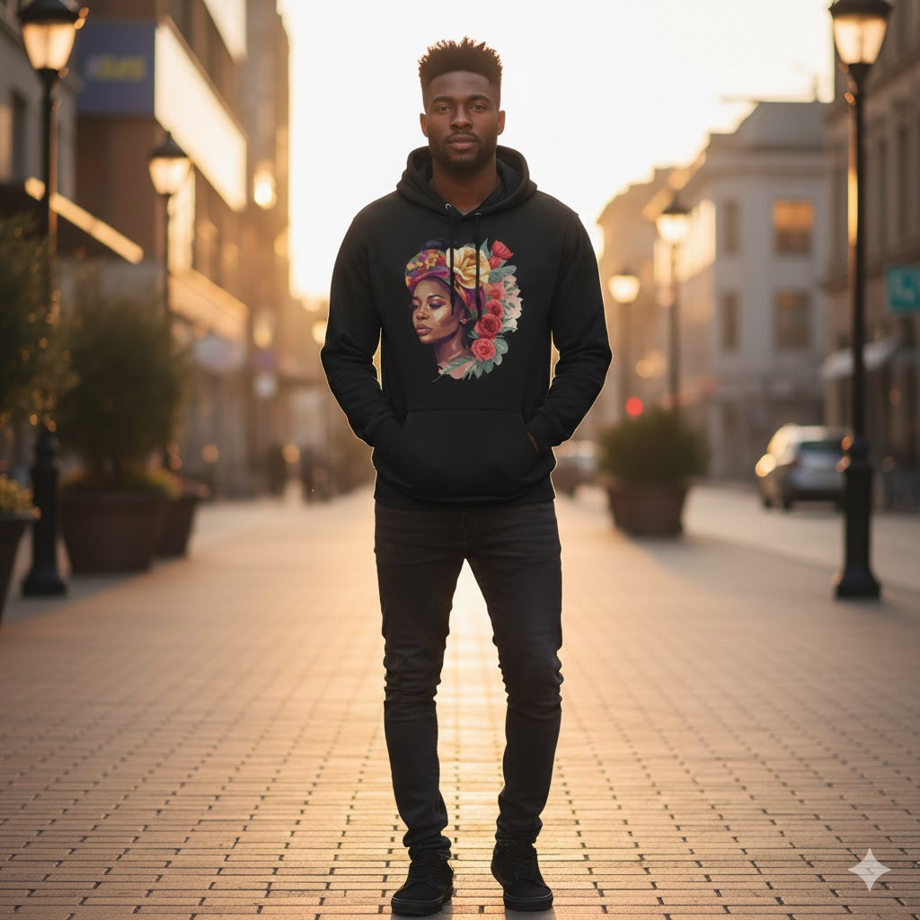 Floral Queen Graphic Hoodie – Illustrated Portrait Premium Black Pullover