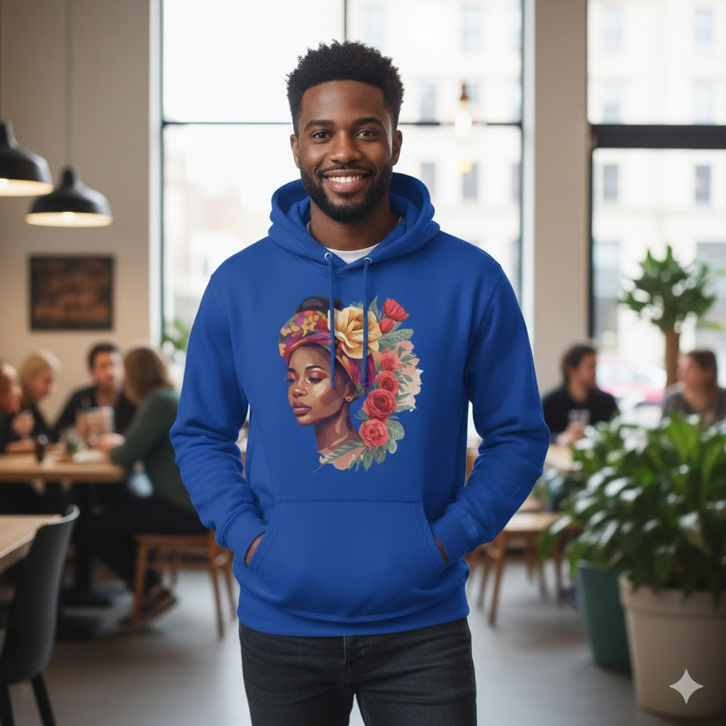 Floral Queen Graphic Hoodie – Illustrated Portrait Premium Black Pullover