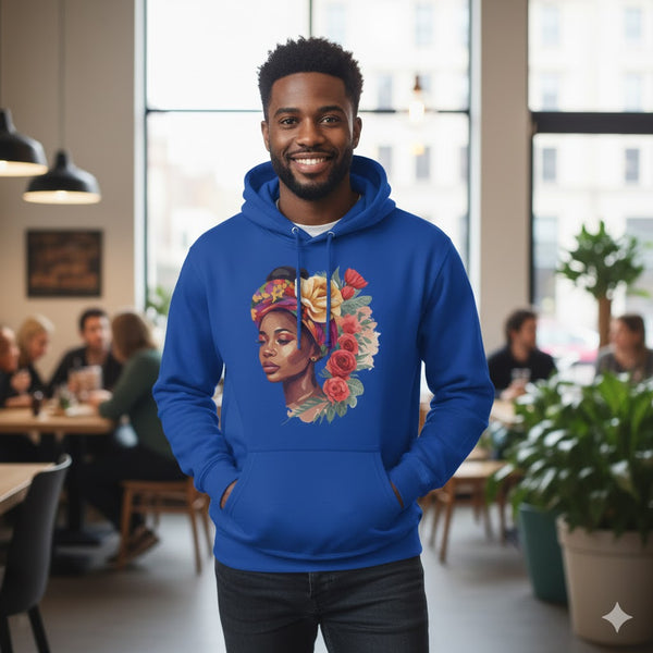 Floral Queen Graphic Hoodie – Illustrated Portrait Premium Black Pullover