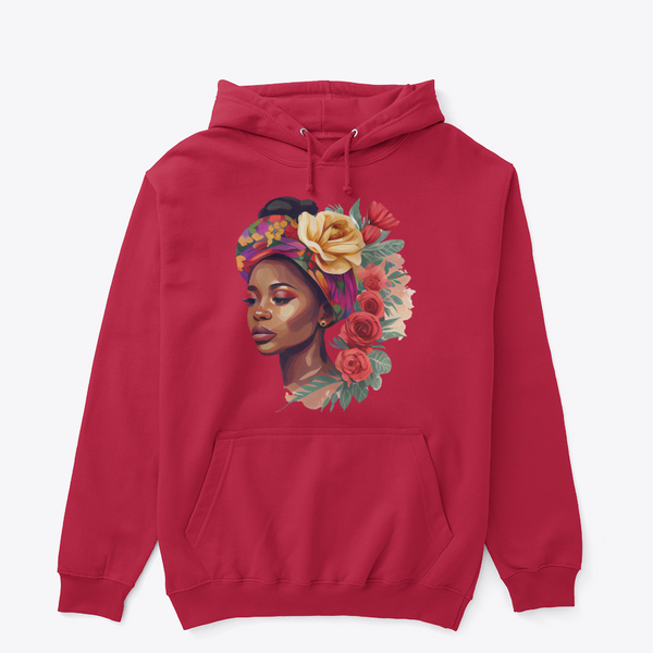 Floral Queen Graphic Hoodie – Illustrated Portrait Premium Black Pullover