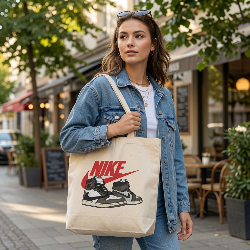 Mocha Reverse Swoosh High-Top Graphic Canvas Tote Bag - Classic Streetwear Canvas Shoulder Bag