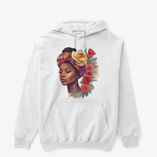 Floral Queen Graphic Hoodie – Illustrated Portrait Premium Black Pullover