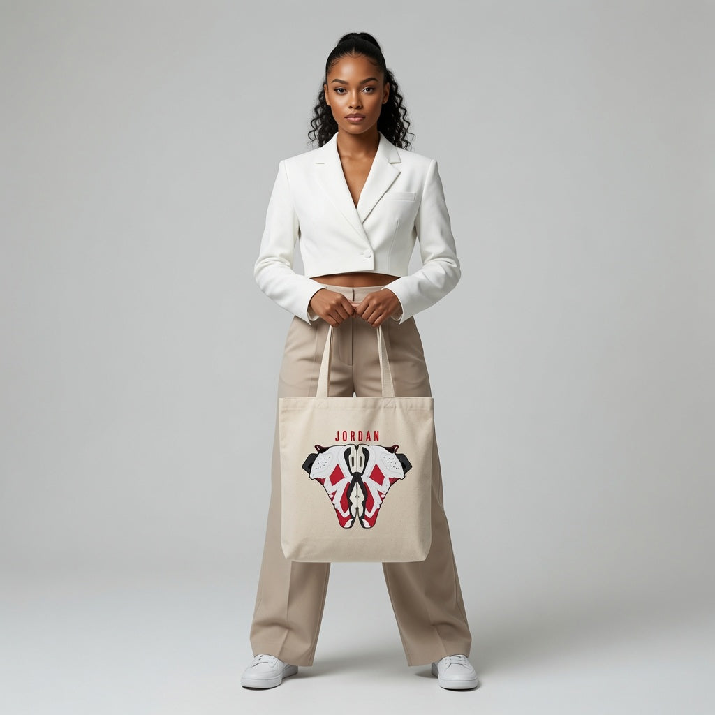 Symmetrical Retro Red & White Sneaker Pair "JORDAN" Cotton Canvas Tote Bag