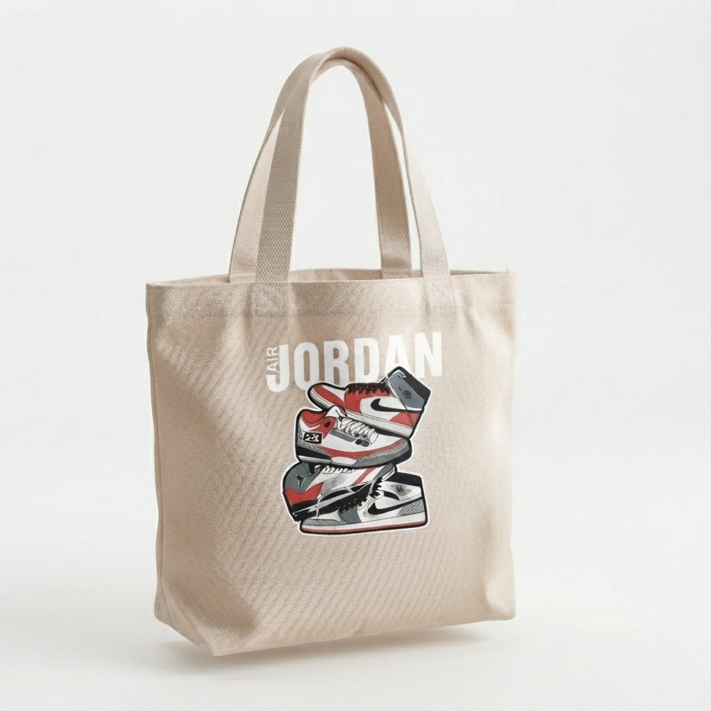 Retro Sneaker Stack Graphic Canvas Tote Bag - Classic Air Basketball Kicks Shoulder Bag