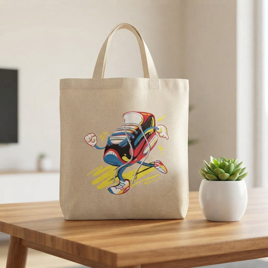 Cartoon Running Sneaker "Kickin' It" Natural Canvas Tote Bag