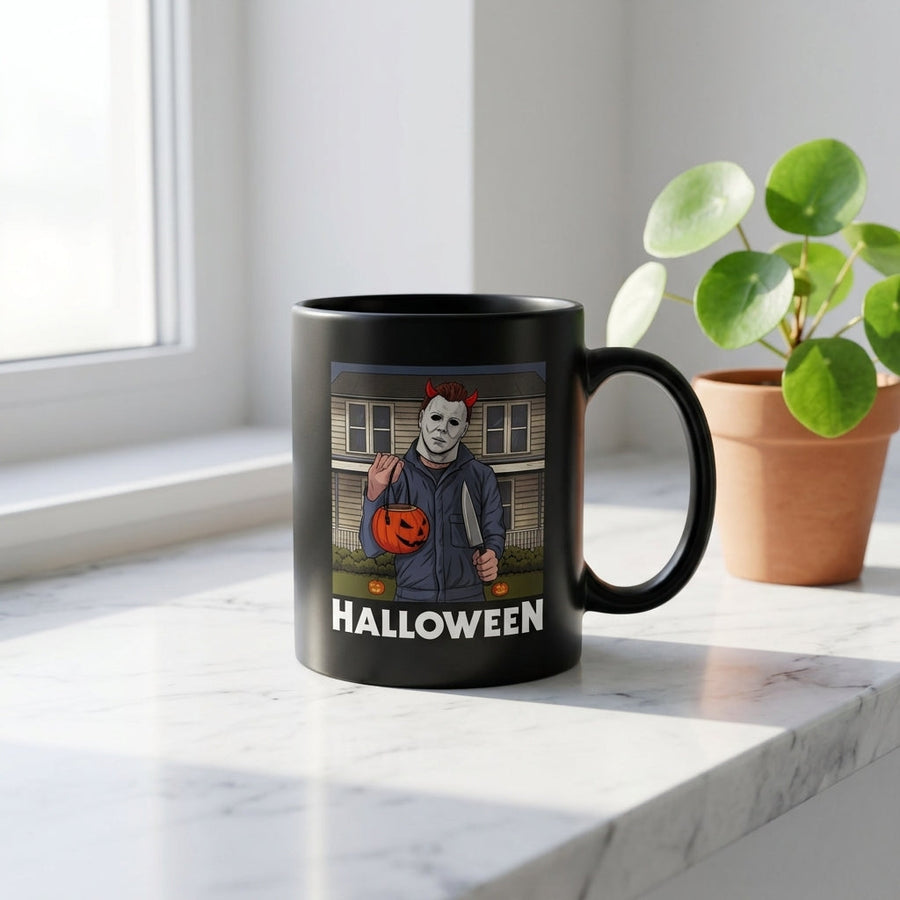 Michael Myers Trick or Treat Halloween Graphic Black Ceramic Mug - Funny Spooky Horror Movie Coffee Cup (11oz)