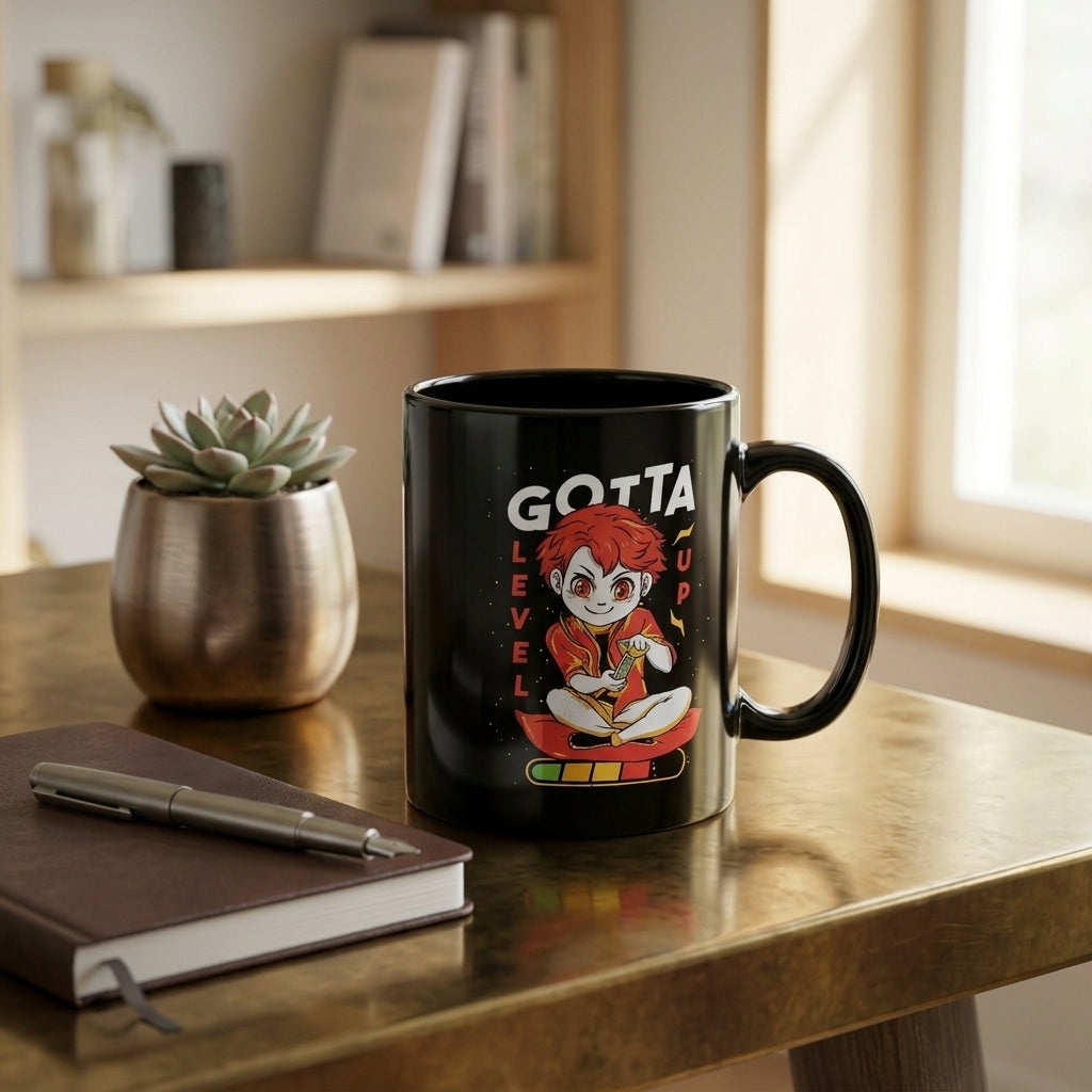 Gotta Level Up Anime Gamer Character Black Ceramic Coffee Mug 11oz Premium Gaming Cup Gift for Gamers