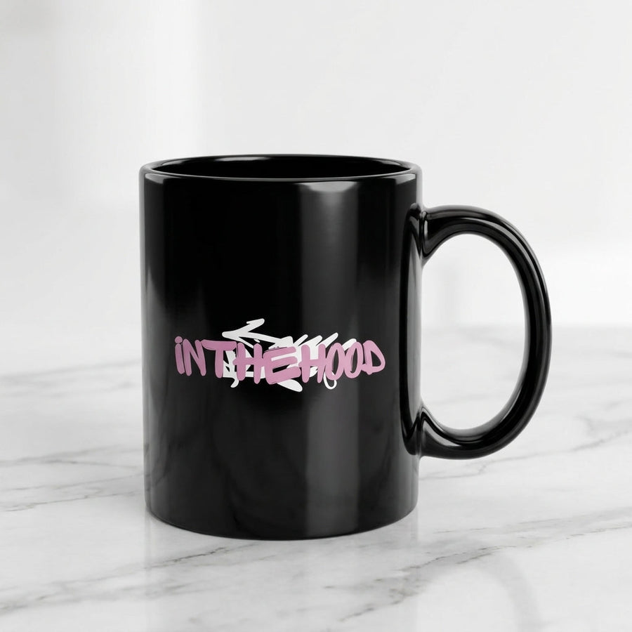 In The Hood Pink Graffiti Tag Glossy Black Ceramic Coffee Mug - Urban Streetwear Graphic Printed Tea Cup (11oz)
