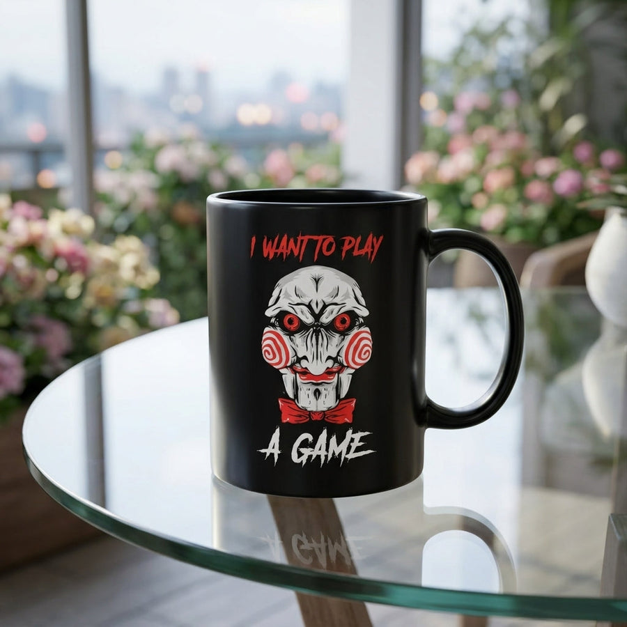 Billy The Puppet Saw Jigsaw "I Want To Play A Game" Black Ceramic Mug - Scary Halloween Horror Coffee Cup (11oz)