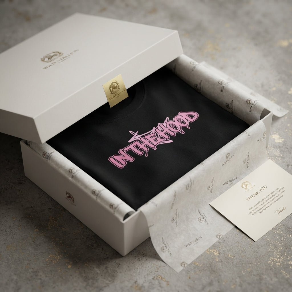 In The Hood Pink Graffiti Typography Graphic T-Shirt - Urban Streetwear Cotton Crew Neck Tee in Black & White