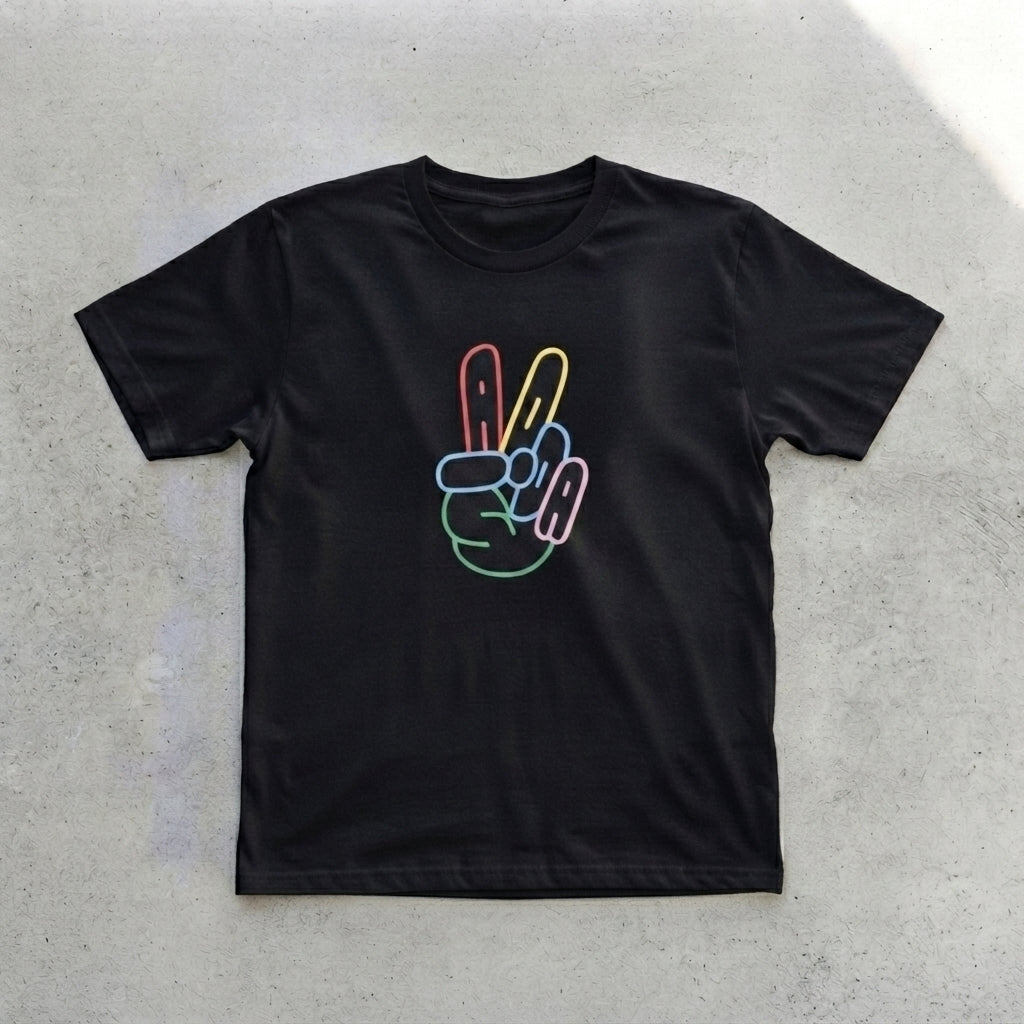Colorful Neon Peace Sign Hand Graphic T-Shirt - Vibrant ADA Typography Cotton Crew Neck Tee in Black & White