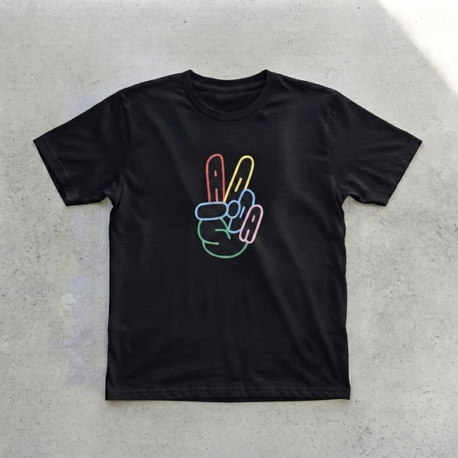Colorful Neon Peace Sign Hand Graphic T-Shirt - Vibrant ADA Typography Cotton Crew Neck Tee in Black & White