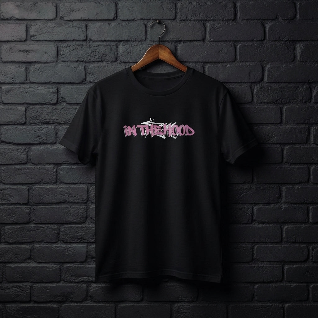 In The Hood Pink Graffiti Typography Graphic T-Shirt - Urban Streetwear Cotton Crew Neck Tee in Black & White