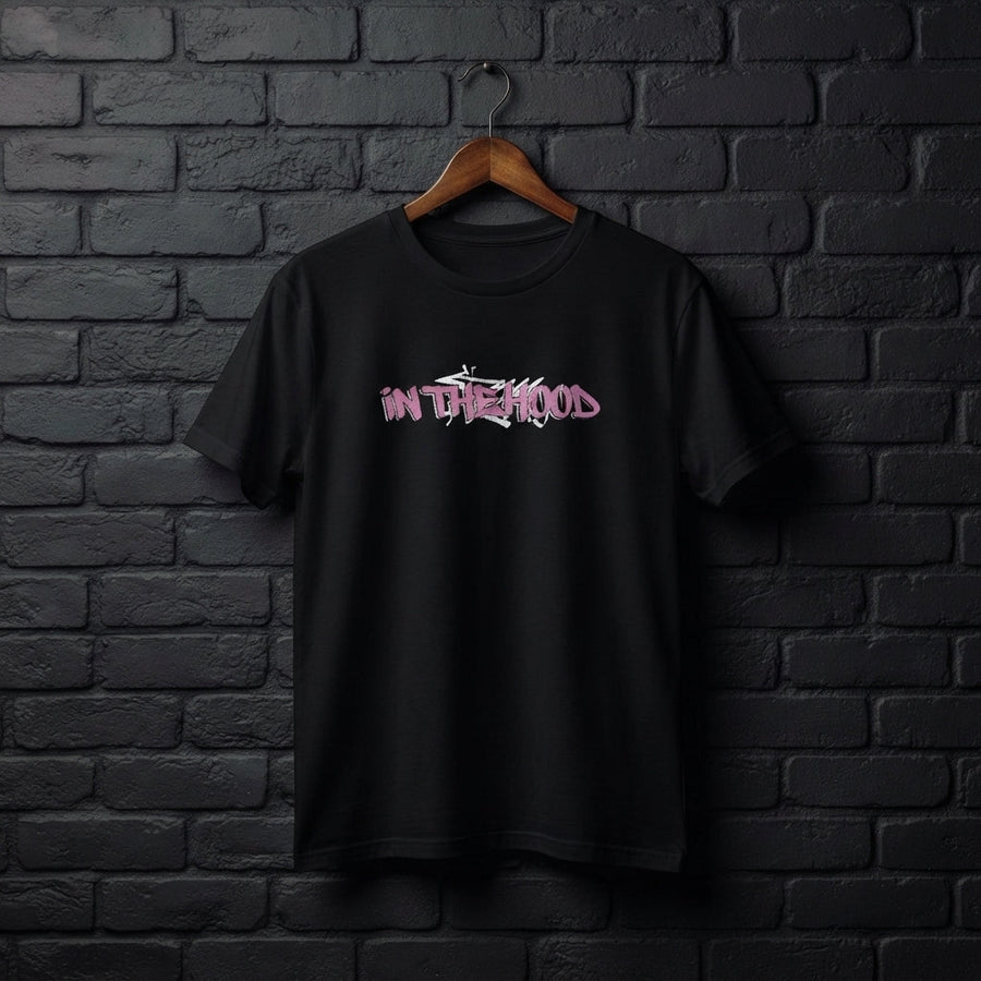 In The Hood Pink Graffiti Typography Graphic T-Shirt - Urban Streetwear Cotton Crew Neck Tee in Black & White