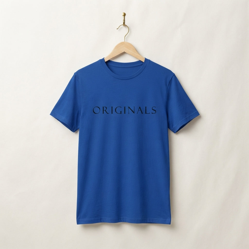 ORIGINALS Minimalist Serif Typography Graphic T-Shirt - Premium Soft Cotton Crew Neck Tee in White & Blue