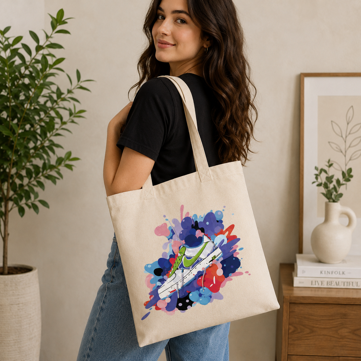 "Color Splash" Sneaker Art Natural Canvas Tote Bag