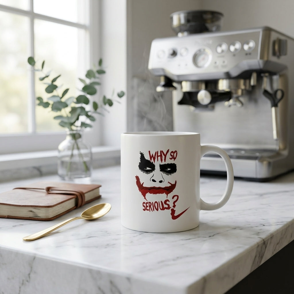 Why So Serious Villain Face Quote Premium White Ceramic Coffee Mug - Dark Aesthetic Graphic Printed Tea Cup for Movie Fans & Comic Lovers