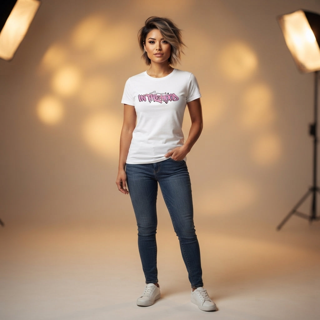 In The Hood Pink Graffiti Typography Graphic T-Shirt - Urban Streetwear Cotton Crew Neck Tee in Black & White