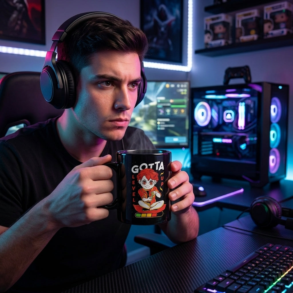 Gotta Level Up Anime Gamer Character Black Ceramic Coffee Mug 11oz Premium Gaming Cup Gift for Gamers