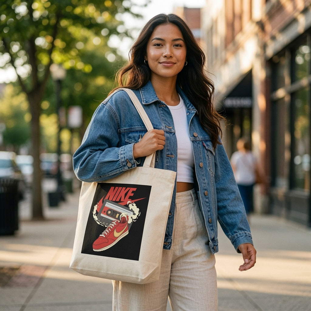 Retro Cassette Tape & Red Sneaker Graphic Canvas Tote Bag - Vintage Streetwear Shoulder Bag
