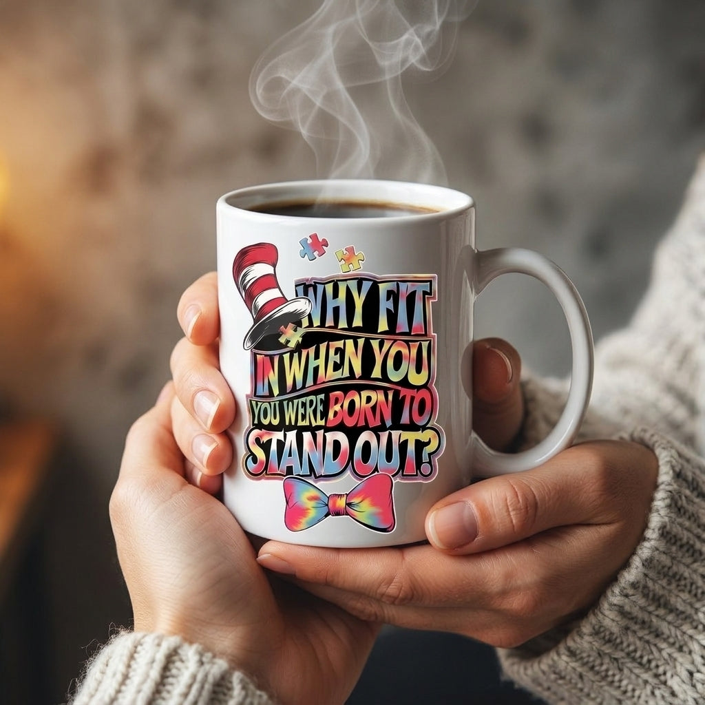 Autism Awareness Mug – "Why Fit In When You Were Born to Stand Out" Funny Coffee Mug, Inspirational Puzzle Piece Gift, 11oz Ceramic Cup