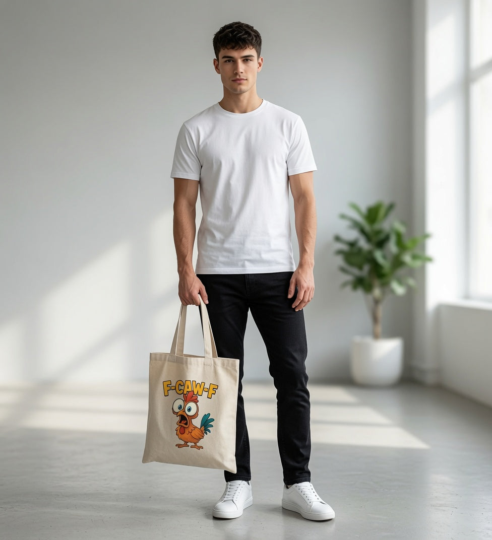 Funny F-CAW-F Crazy Chicken Graphic Canvas Tote Bag - Humor & Sarcasm Gift