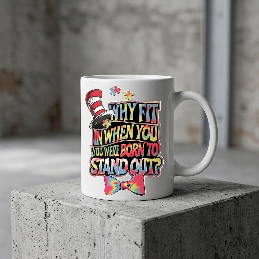 Autism Awareness Mug – "Why Fit In When You Were Born to Stand Out" Funny Coffee Mug, Inspirational Puzzle Piece Gift, 11oz Ceramic Cup