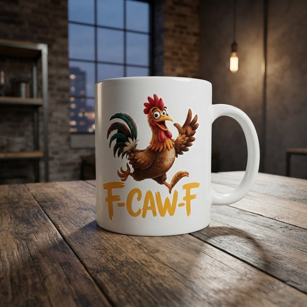 F-CAW-F Cheerful Rooster Mug – Playful Chicken Print Ceramic Coffee Cup, Quirky Kitchen Gift