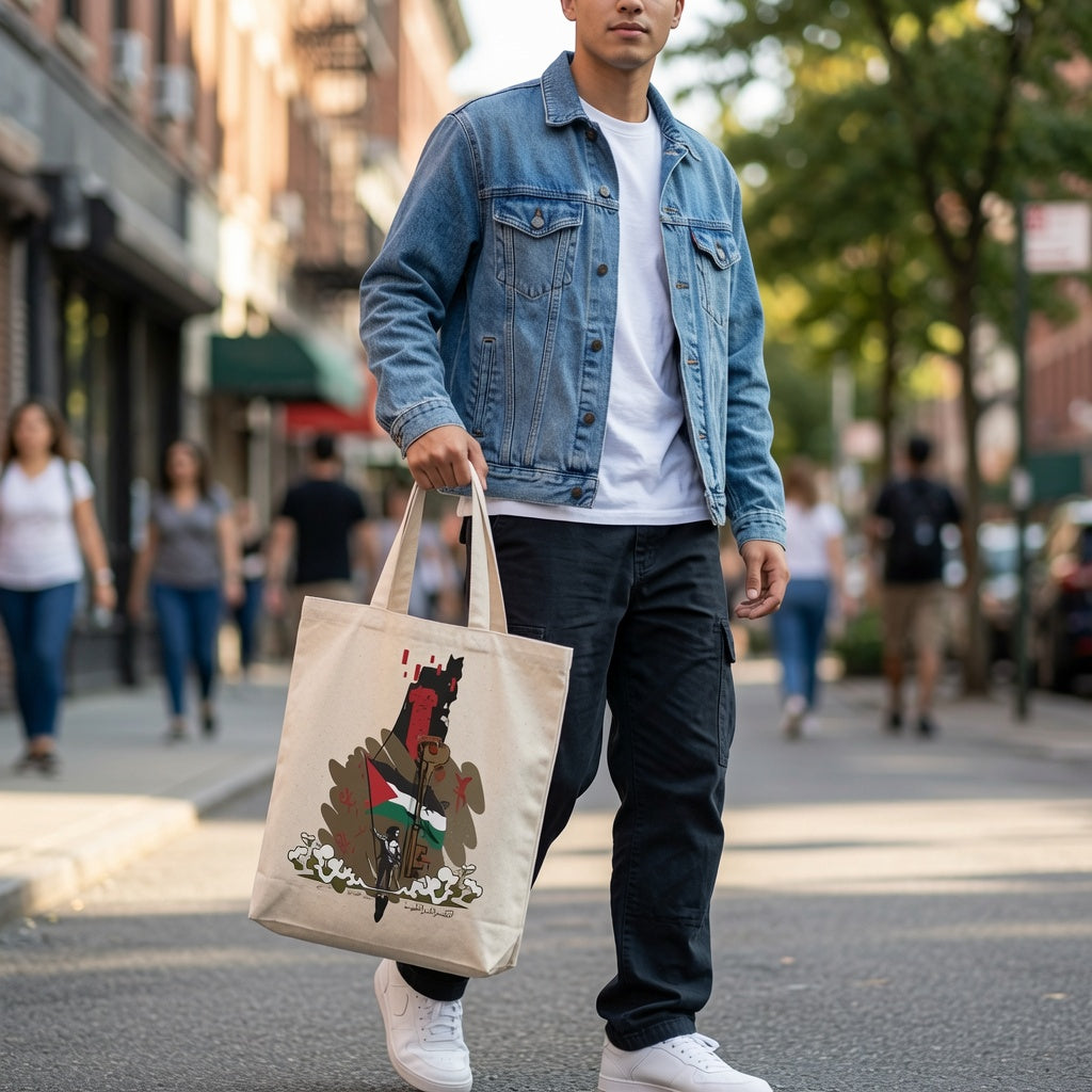 Palestine Map & Key of Return Canvas Tote Bag – Freedom & Heritage Tote Bag