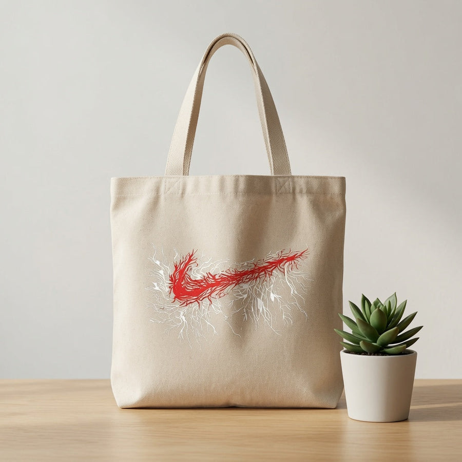 Abstract Root & Vein Swoosh Canvas Tote Bag - Artistic Red & White Graphic Shoulder Bag