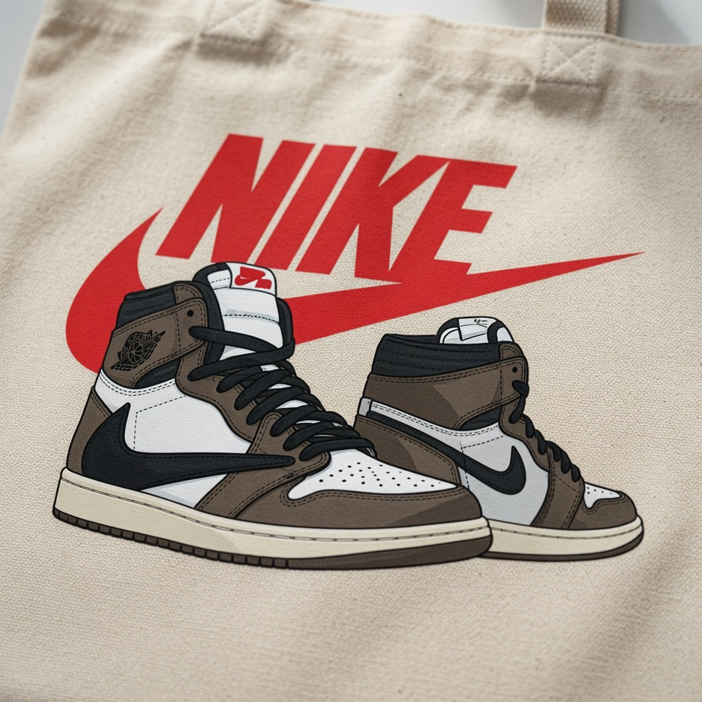 Mocha Reverse Swoosh High-Top Graphic Canvas Tote Bag - Classic Streetwear Canvas Shoulder Bag