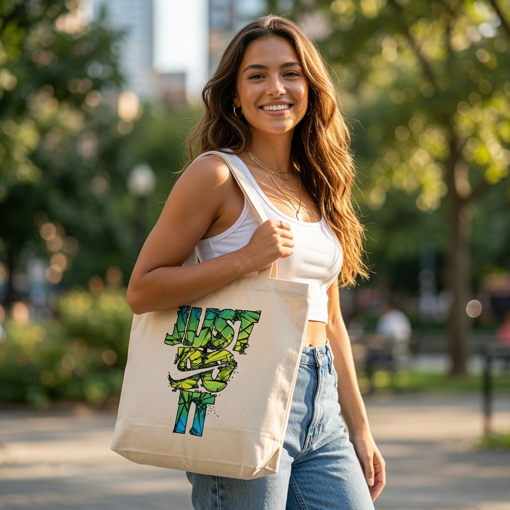 Shattered Glass Just Do It Typography Canvas Tote Bag - Green & Blue Mosaic Streetwear Shoulder Bag