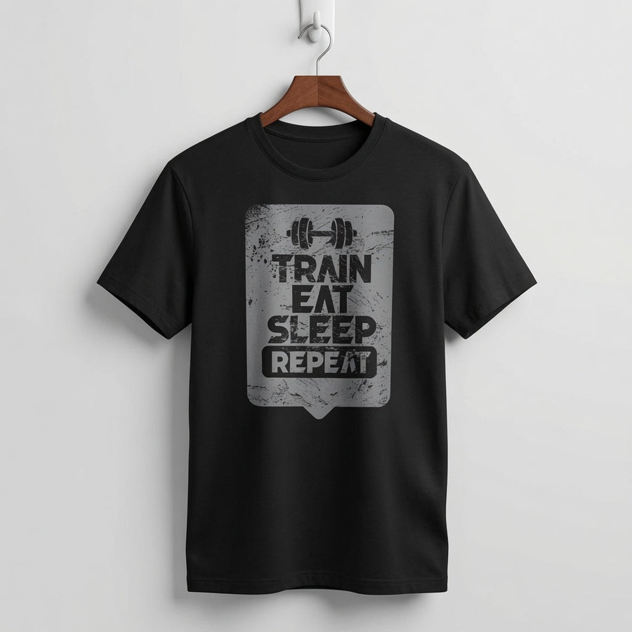 "Train Eat Sleep Repeat" Distressed Fitness Graphic Tee